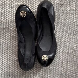 Tory Burch Black Flats with Gold Logo